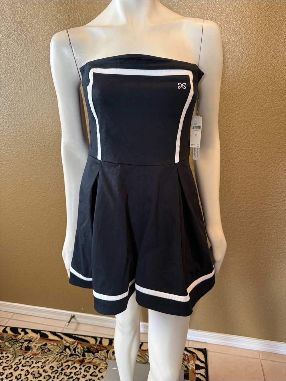 Anthropologie Mauve Black Strapless Shorts Romper with White Trim